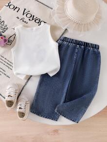 SHEIN Playful Pals 女童罗纹针织无袖背心，饰有刺绣花卉图案，搭配带口袋的牛仔裤，优雅时尚夏季两件套 - 白色 - 查看 2