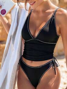 Bộ bikini Bonvoyette-D 2 mảnh màu đen, chất liệu vải, kiểu dáng chữ V sâu, dây đeo nhún bèo, thích hợp mặc đi biển, dành cho nữ. - màu đen - Xem 5