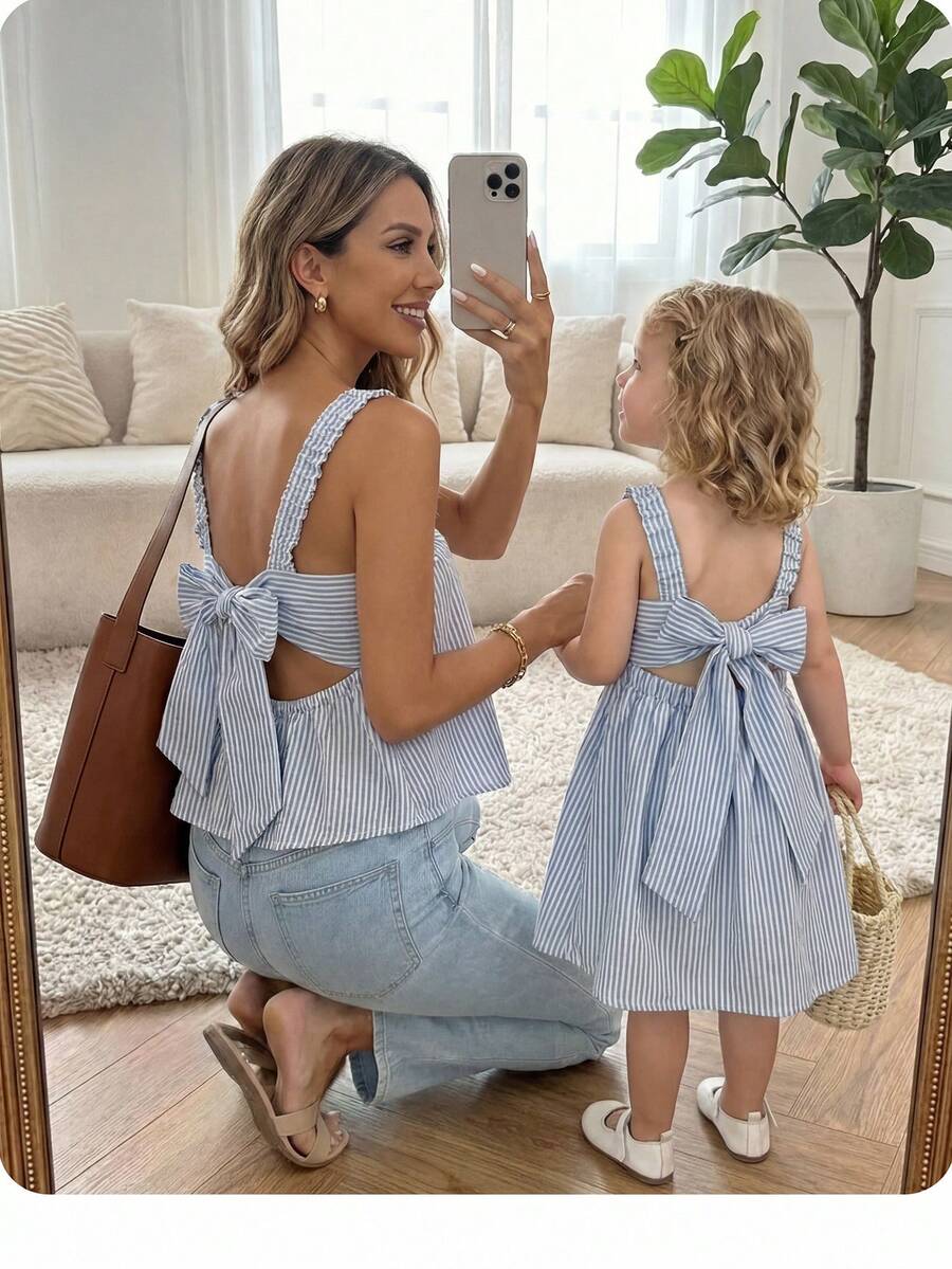 SHEIN Baby Girl Blue & White Striped Backless Tie Strap Dress - Blue and White - View 1