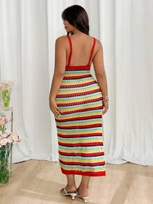 SHEIN EZwear Plus Size Women Colorful Striped Hollow Out Sleeveless Knit Dress, Vacation - Multicolor - View 2