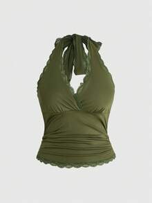 ROMWE Grunge Punk Y2K Lace Plus Size Halter Neck Camisole For Women - Green - View 1