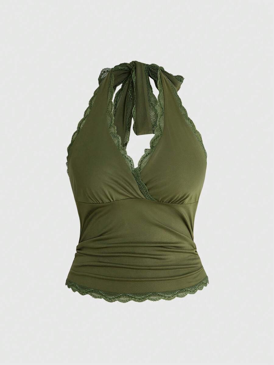 ROMWE Grunge Punk Y2K Lace Plus Size Halter Neck Camisole For Women - Green - View 1