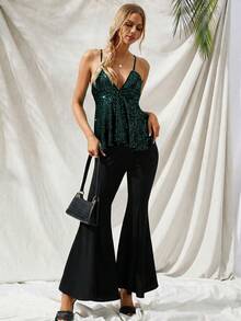 Aveloria Modichic Women's Solid Color Sequin Ruffle Hem Fashionable Elegant Sexy Camisole Golf Pastal Summer - Dark Green - View 3