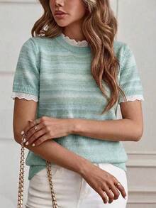Louniche Elegante suéter de punto de manga corta con cuello redondo y adorno de encaje en color albaricoque, adecuado para ir al trabajo, estar en casa y uso diario, primavera/verano - Azul Cadete - Ver 6