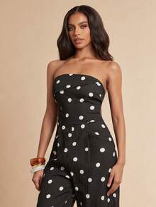 Women's Black Polka Dot Strapless Wide-Leg Jumpsuit, Stylish For Street Style, Commuting, Dates, And Parties. - Black - View 5