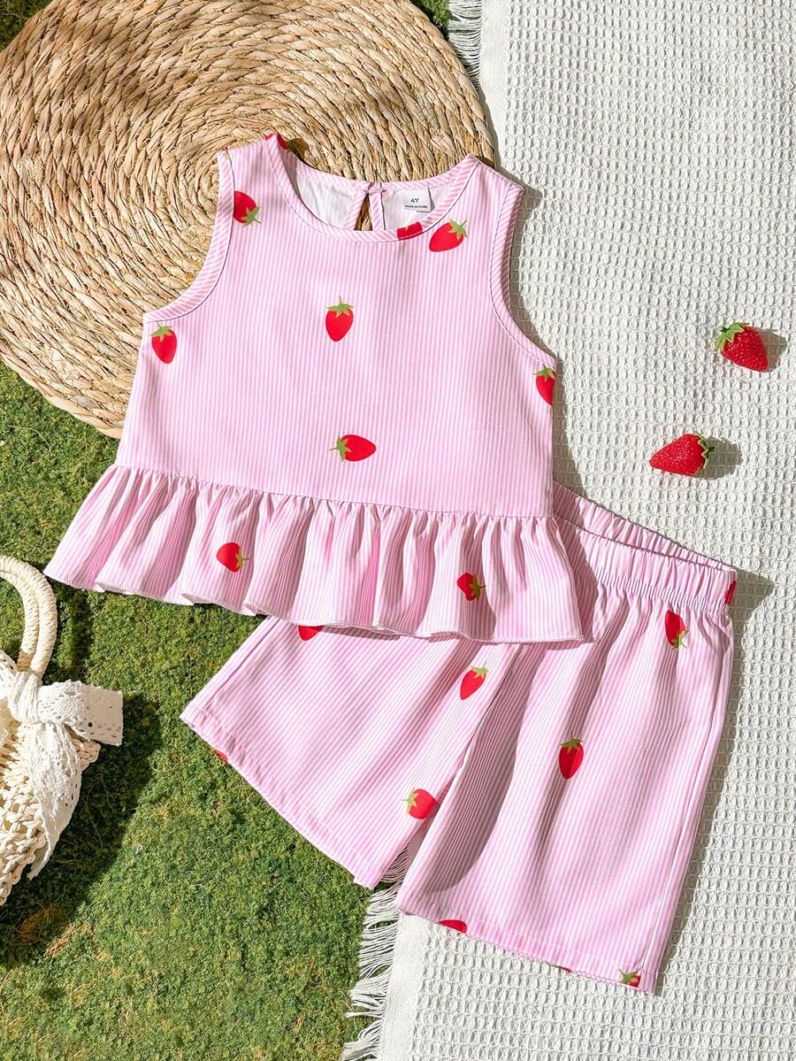 Souflis Souflis 2pcs Young Girl Woven Solid Color Round Neck Sleeveless Top And Loose Woven Solid Color Shorts Set - Pink - View 1