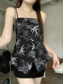 DAZY 女士纹理修身印花A字吊带背心，少女风，春夏款 - 黑色 - 查看 2