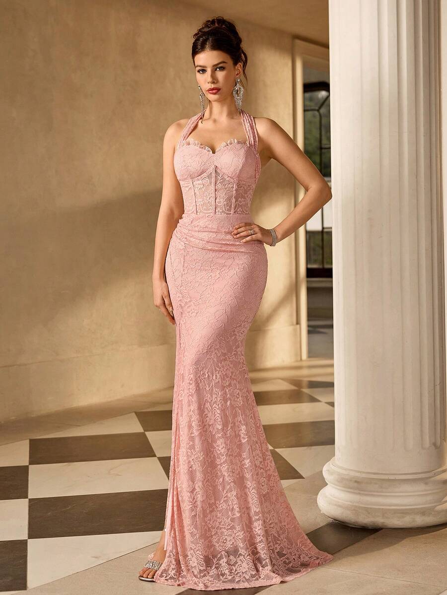 Coutiva 女士高端晚礼服，优雅奢华露背派对礼服 - 粉色 - 查看 1