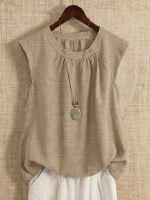 Linhara Plus Size Women Summer Elegant Commuter Round Neck Ruched Texture A-Line Sleeveless Blouse - Khaki - View 1