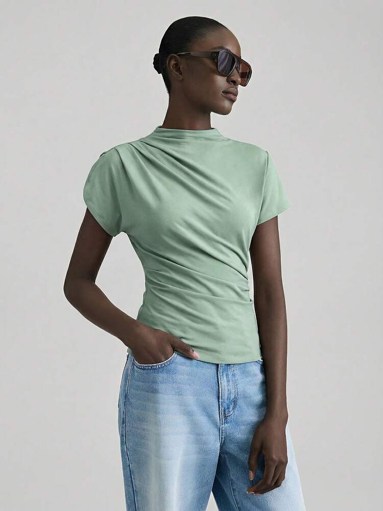 2026 New Women's Teacher Outfit, Independence Day, Airport Casual Wear, Stretchy Fabric, Comfortable Casual Style, Knit Top, Asymmetric Irregular Sleeve, Short Sleeve, Stand Collar, Versatile For All Seasons, Daily Wear, Comfortable Casual Attire, Women's T-Shirt