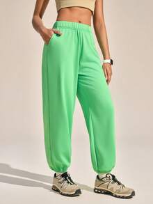 Exploreva Pantalones jogger para mujer con cintura elástica, bolsillos en diagonal y ribete de contraste - Verde - Ver 6