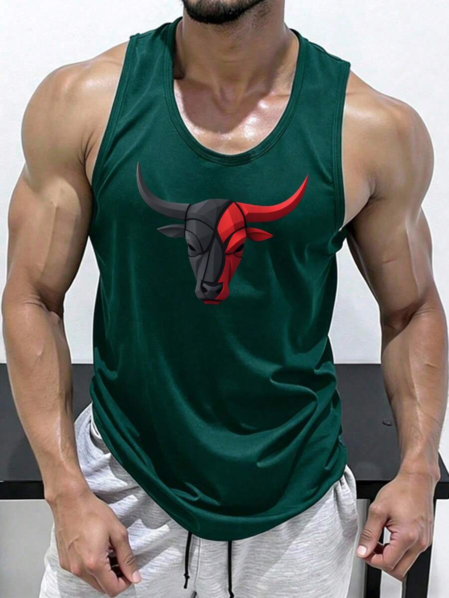 GymBeat Men's U-Neck Wide Strap Summer Fashion Printed Casual Sports Tank Top - Green - View 1