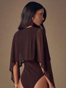SHEIN BAE Women's Oblique Shoulder Ruffled Layered Chiffon Blouse, Elegant Blouse, Minimalist Fashion Blouse - Brown - View 2