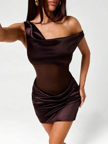SHEIN ICON Asymmetrical Shoulder Mesh Patchwork Mini Dress,Summer Dresses For Women - Brown - View 5