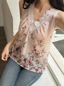 Livesso Women's Floral Print Contrast Lace Casual Camisole Boho - Beige - View 6
