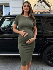 SHEIN Short Sleeve Round Neck Solid Color Slim Fit Maternity Dress Green - Army Green - View 3