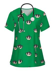 PopScrub THE POWERPUFF GIRLS X SHEIN Women's Energetic All-Over Print V-Neck Scrub Top, Fresh Green Cartoon Big Eye Print Nurse Uniform - Green - View 1