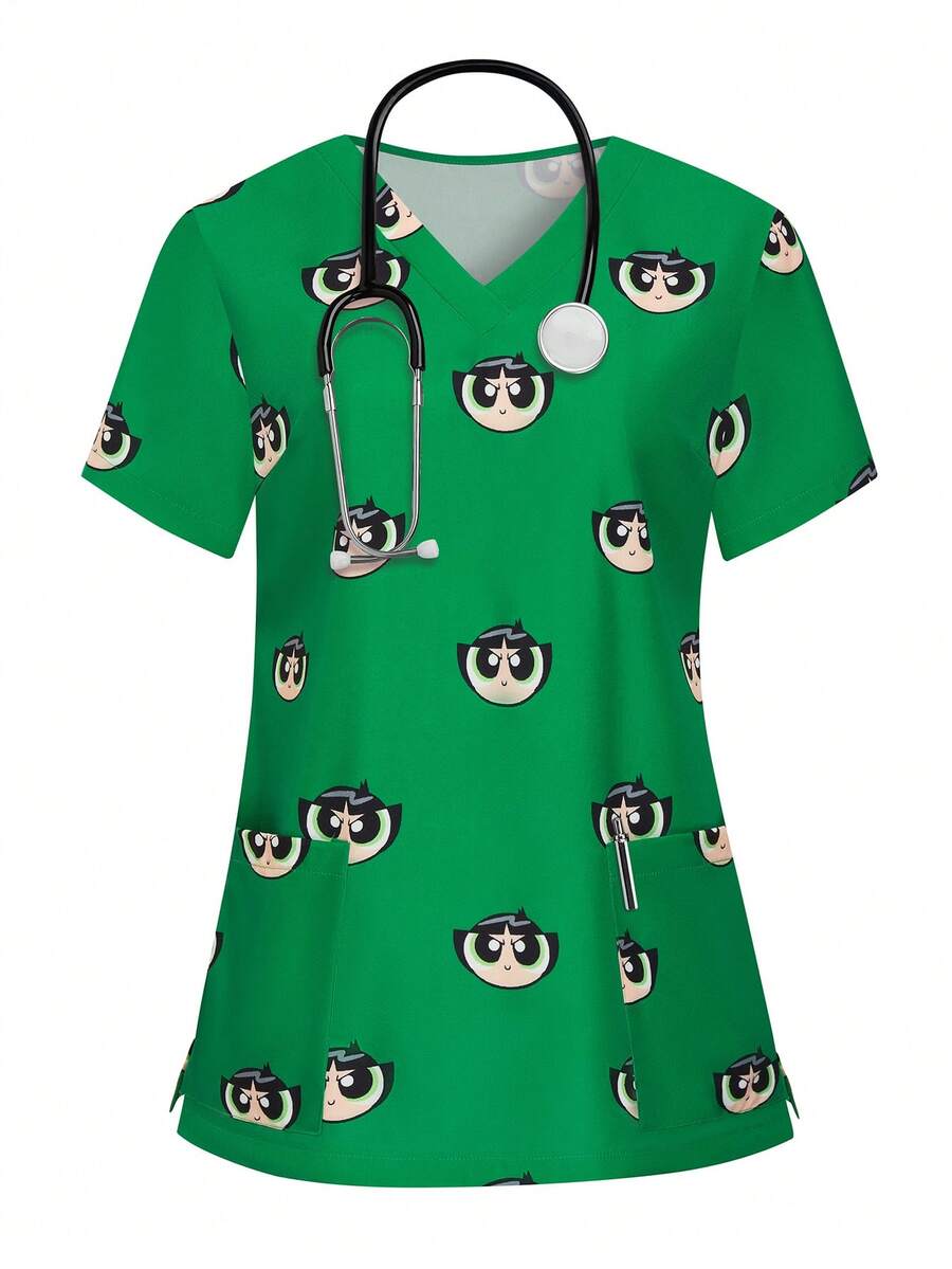 PopScrub THE POWERPUFF GIRLS X SHEIN Women's Energetic All-Over Print V-Neck Scrub Top, Fresh Green Cartoon Big Eye Print Nurse Uniform - Green - View 1