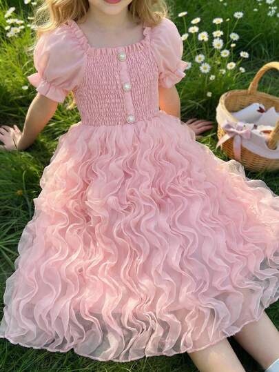 Glamorique Kids 女孩精致淑女风珍珠纽扣装饰花瓣袖网纱裙摆连衣裙，荷叶边下摆，适合生日派对、日常穿着、春夏穿着