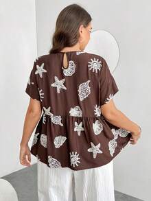 Enliva Plus-Size Casual Vacation Style Blouse With Seashell And Star Embroidery Pattern, Loose A-Line Silhouette, For Apple And Rounded Body Shape Gym Brown - Brown - View 2