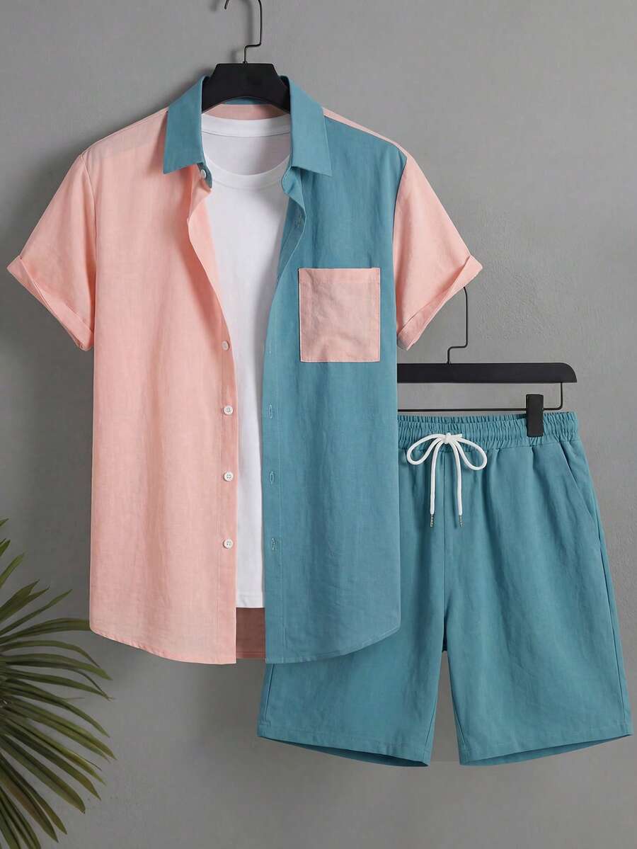 Surfspeed Conjunto casual de camisa de manga corta de un solo pecho con bolsillo y pantalones cortos de color contrastante para hombre - Rosa - Ver 1