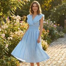 Midi Dress With Crossed Neckline And Wave Detail - Blue - View 1