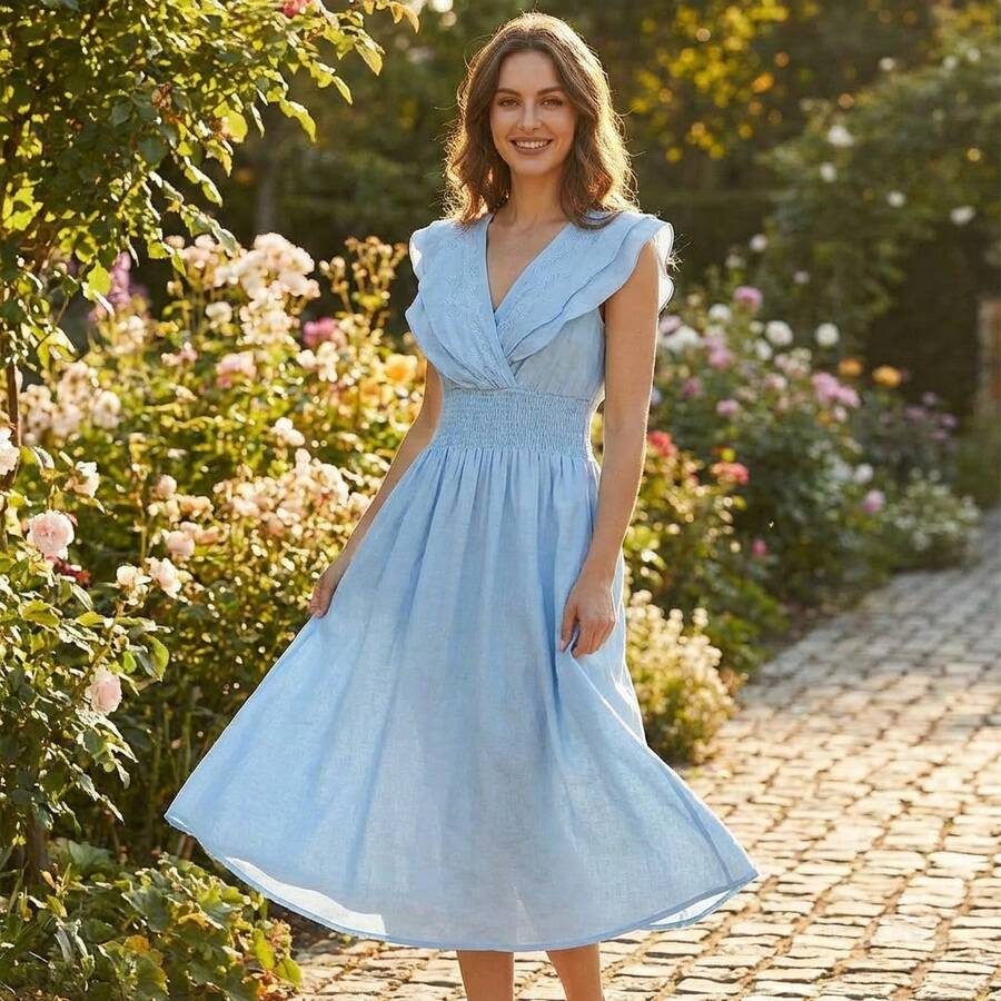Midi Dress With Crossed Neckline And Wave Detail - Blue - View 1