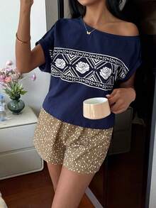 DAZY 2 Stück/Set Damen Locker Sitzende Ditsy Blumen Asymmetrischer Ausschnitt Kurzarm T-Shirt und Shorts Pyjama Set, Sommer - marineblau - Übersicht 7