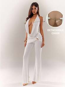 Radiana 两件套性感优雅独特白色金属装饰针织套装，深V露背短款上衣搭配高腰喇叭裤，适合夜店、约会、派对、夜店、鸡尾酒会、生日、假日、海滩、度假等场合。性感白色套装 白色派对套装 女士连体裤 女士优雅白色连体裤 性感连体裤 女士度假套装 瑜伽连体裤 女士裤装 - 白色 - 查看 1