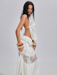 TypaGal Women's White Summer Boho Vacation Holiday Y2K Lace Backless Halter Top And Skirt 2-Piece Set,Chic Solid Color Carnival Party Beach Street Outfit - White - View 6