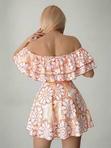 Sweetina Retro Print Off-Shoulder Maxi Flare Mini Dress - Orange - View 2