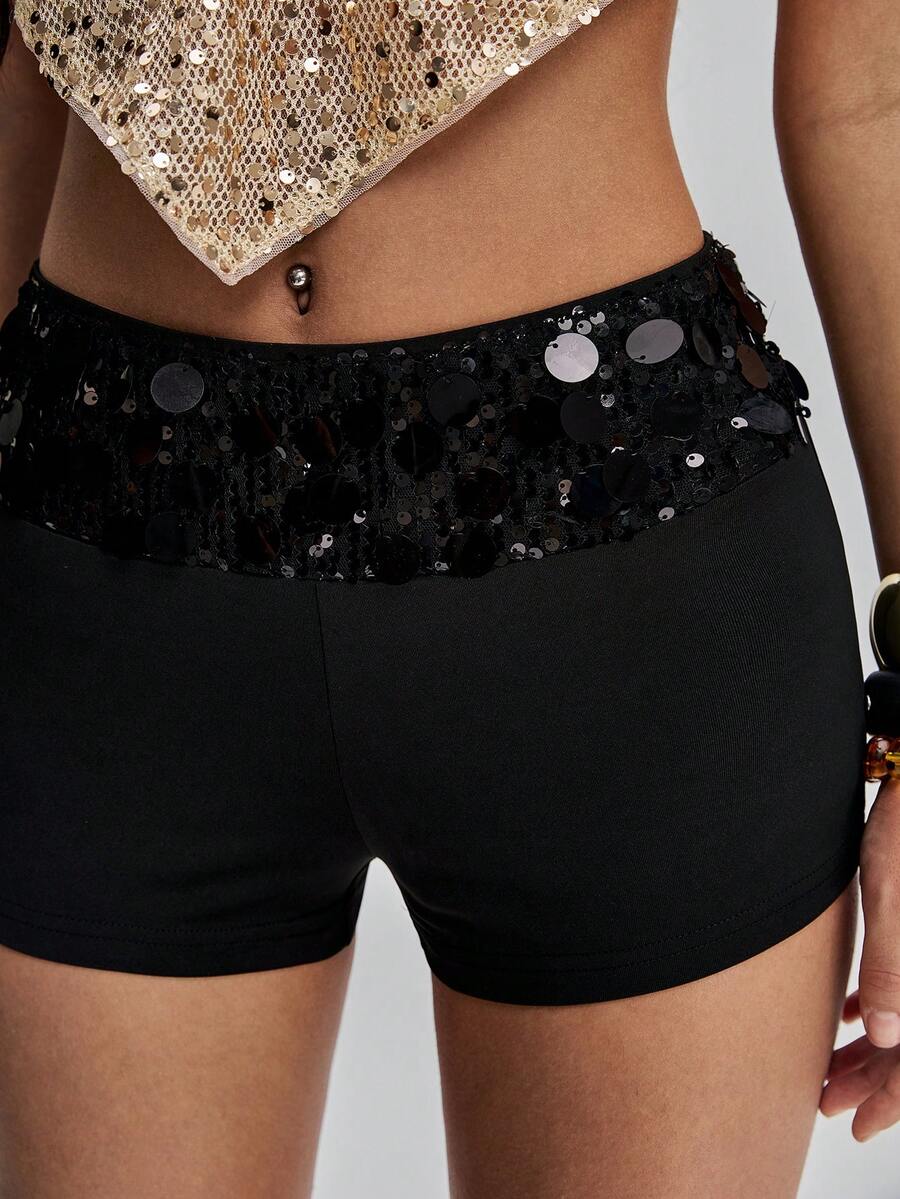 TypaGal Women's Summer Fashion Nightclub Golf Party Vacation Style Pastal Sequin Splice Shorts Girlisim - Black - View 1