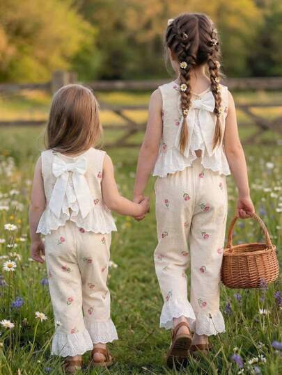 Cozy Pixies Baby Girl Colorblock Floral Trim Sleeveless Cardigan Top And Elastic Waist Pants 2 Pieces Set