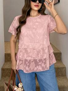 SHEIN LUNE Plus Size Women Baby Pink Flowy Ruffle Hem Short Sleeve Blouse, Elegant Summer Work Commute, Spring Beach Easter - Pink - View 4
