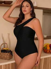 SHEIN Swim Chicsea Swim Chiccia 2026 新款优雅度假女士夏季沙滩性感黑色不对称单肩加大码连体泳衣 - 黑色 - 查看 2