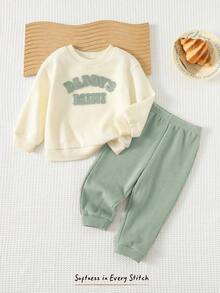 2pcs Baby Boy Letter Print Soft Knit Crew Neck Long Sleeve Sweatshirt And Elastic Waist Jogger Pants Set - Mint Green - View 3