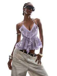 LYSMO 2026 New Arrive Minimalism Spring/Summer Women's Fashion Ruffle Pearl Decor Halter Backless Camisole - Mauve Purple - View 5