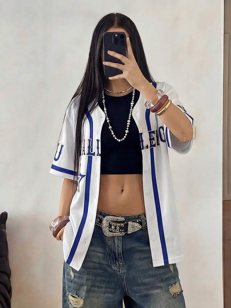 StreetHx Women's Loose Fit Baseball Shirt, Casual Street Sports Wear For Summer - White - View 4