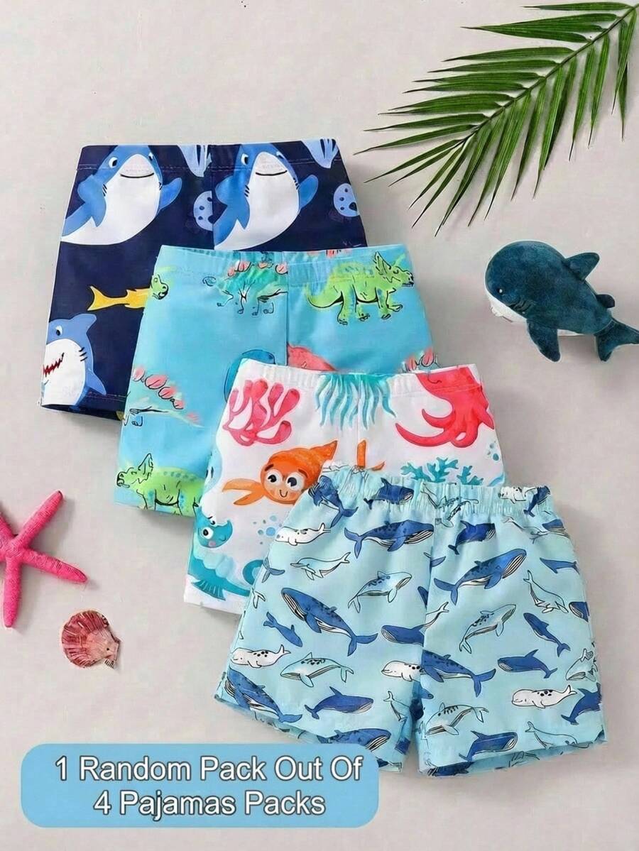 SHEIN [Random 4 Pack,Send 1 Pack]Cute Ocean Pattern Beach Swim Trunks For Baby Boys Shorts Suitable Swimming,Vacation,Surfing,Sun Protection - Multicolor - View 1