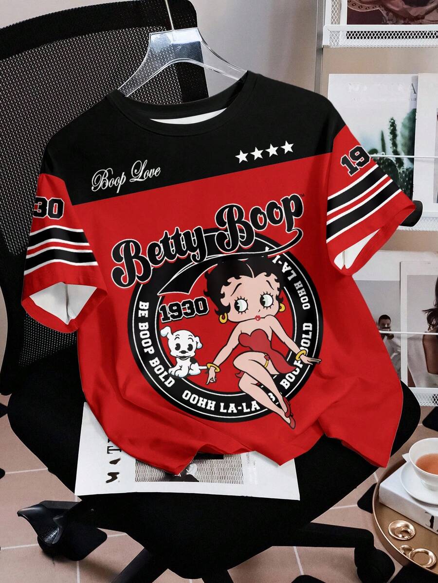 Betty Boop x SHEIN 女士圆领短袖休闲T恤 - 白色 - 查看 1