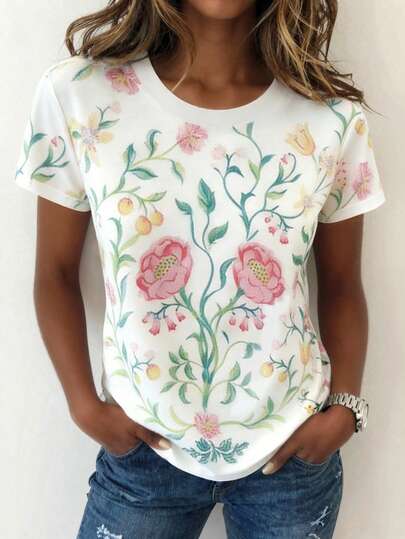 Resyla Women's Casual Floral Print T-Shirt, Summer