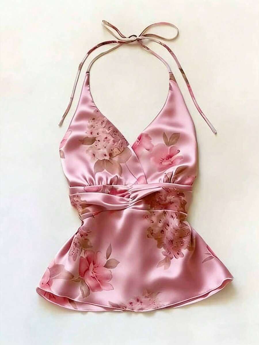 SHEIN Elegant Romantic Retro Floral Pattern Rhinestone Decor A-Line Halter Neck Top For Women - Coral Pink - View 1