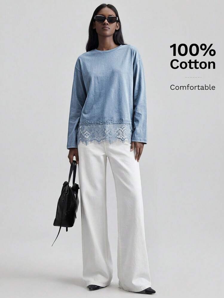 2026SS New Lace Patchwork Round Neck T-Shirt For Women, Blue, Elegant & Minimalist, Suitable For Summer, Vacation, Party, Office, Casual, Versatile