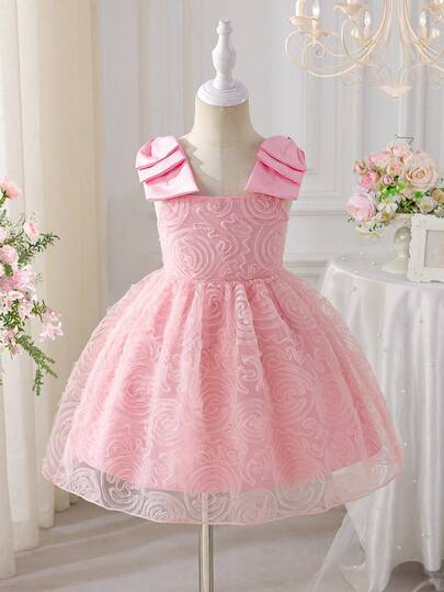 Young Girl Sweet Cute Birthday Party Shoulder Bow Decor Sheer Mesh Overlay Dress