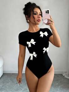 Elenzga Women's Bow Decor Round Neck Short Sleeve Bodysuit - Black and White - View 2