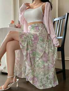 DAZY 女士优雅雪纺印花荷叶边半身裙，夏季度假装扮 - 紫色 - 查看 3