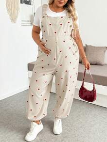 SHEIN Plus Size Maternity Heart Pattern Casual Wide Leg Jumpsuit Vacation Outfits Work Outfits - Apricot - View 6