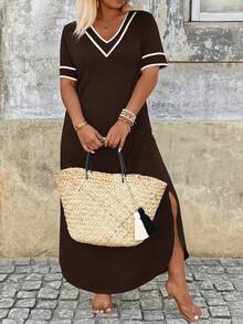 Breezaya Plus Size Casual Colorblock Striped Dress - Coffee Brown - View 5