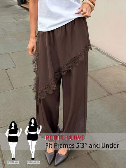 SHEIN PETITE CURVE CURVE Plus Size New Plus Size Women's Petite Girls Women Solid Color Contrast Lace Asymmetric Design Palazzo Pants , Wide Leg Elegant Pants Straight Leg Elegant Commuter Pants,High-Waisted Makes You Look Slimmer And Your Legs Longer, Suitable For Petite Women.High-Waisted Makes You Look Slimmer And Your Legs Longer, Suitable For Petite Women.Suitable For All Seasons And Occasion,Suitable For Petite Girls& Women, Summer Pants Summer Summer Pants Summer Outfits Summer Holiday Outfits Long Summer Pants For Women Spring Outfit ,Wide-Leg Pants,Office Pants,Pants,Elegant Pants,Casual Pants, High-Waisted Slimming Wide-Leg Pants For Summer,Elegant Women's Ceremony Pants ,Elegant Pants For Party,Elegant Pants For Ladies,Elegant Long Pants, Vacation Outfits Women,Holiday Outfits For Women,Summer Holiday Outfits,Summer Vacation Outfits,Casual Pants For Women ,Casual Pants For Women