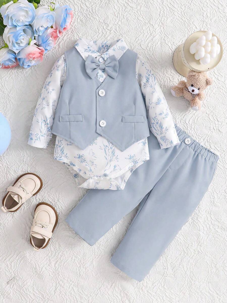 SHEIN Bộ trang phục 3 món cho bé trai: Áo khoác, áo vest và áo sơ mi dài tay, phong cách lịch lãm cho mùa thu/đông - Màu xanh nhạt - Xem 1